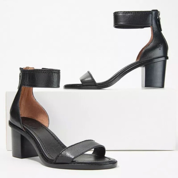 Frye Black Leather Brielle Chic Ankle Sandal Heels - Picture 2 of 16